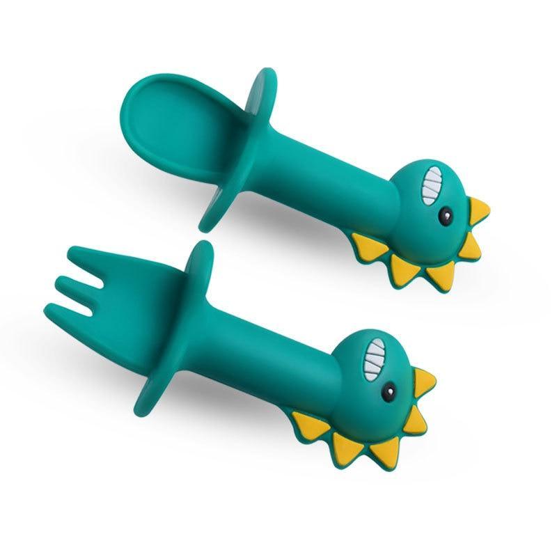 New Baby Feeding Spoon Fork Set Short Easy Cartoon Dinosaur Soft Silicone Teether Toys Non-hurt Training Tableware