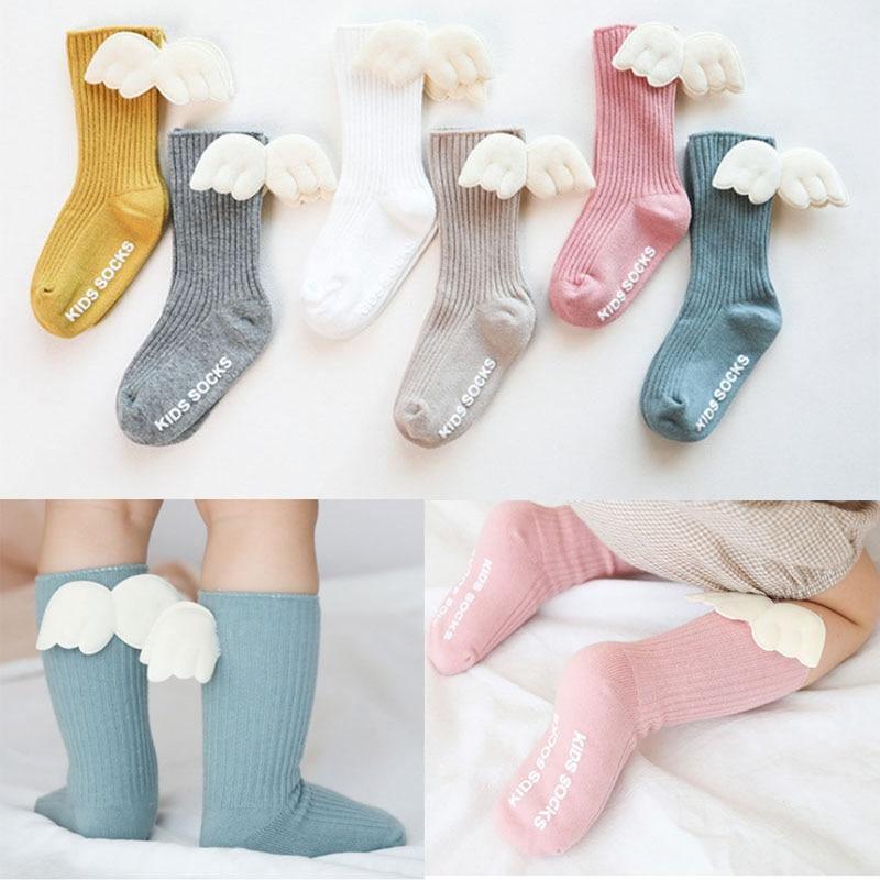 Luxury Modern Socks Baby Girls Knee High Socks With Angel wing Summer Autumn Cotton Socks Solid Candy Color Toddler For Kids