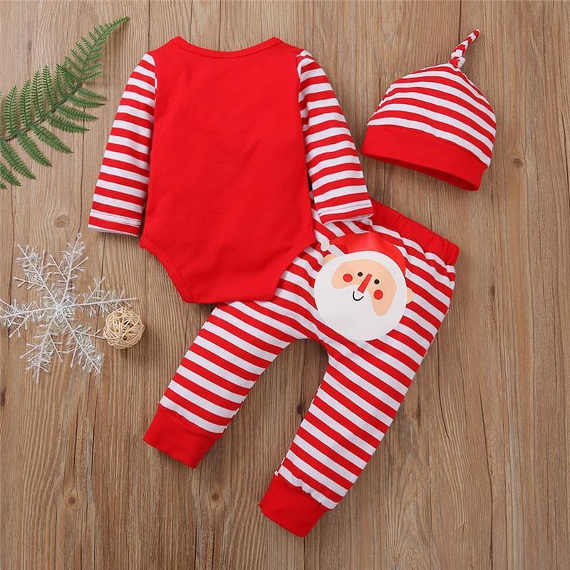 3PCS Romper Jumpsuits+Striped Pant Christmas Clothes Set Kids for Infant Boys/Girls In Christmas Printed Design