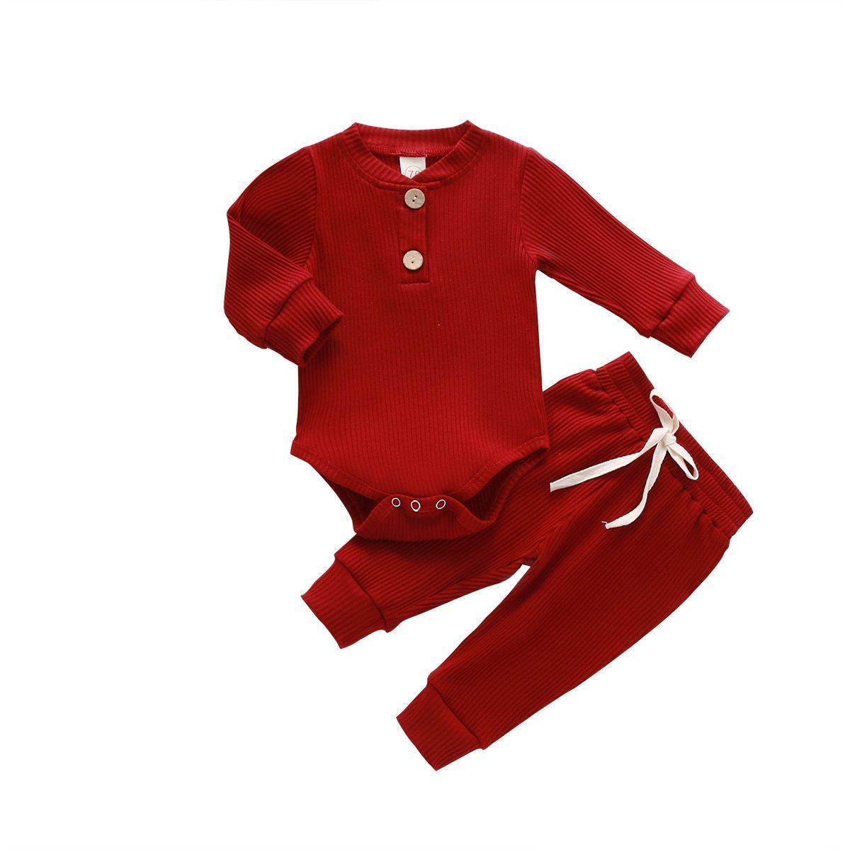 Infant Newborn Baby Spring Autumn Ribbed Solid Clothes Sets Long Sleeve Bodysuits , Elastic Pants 2PCs