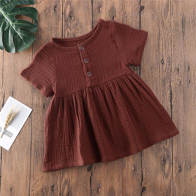 Kids Summer Cotton Linen Dress with Plain Short sleeve Party A-line dress For Small Girls 1-3 Years