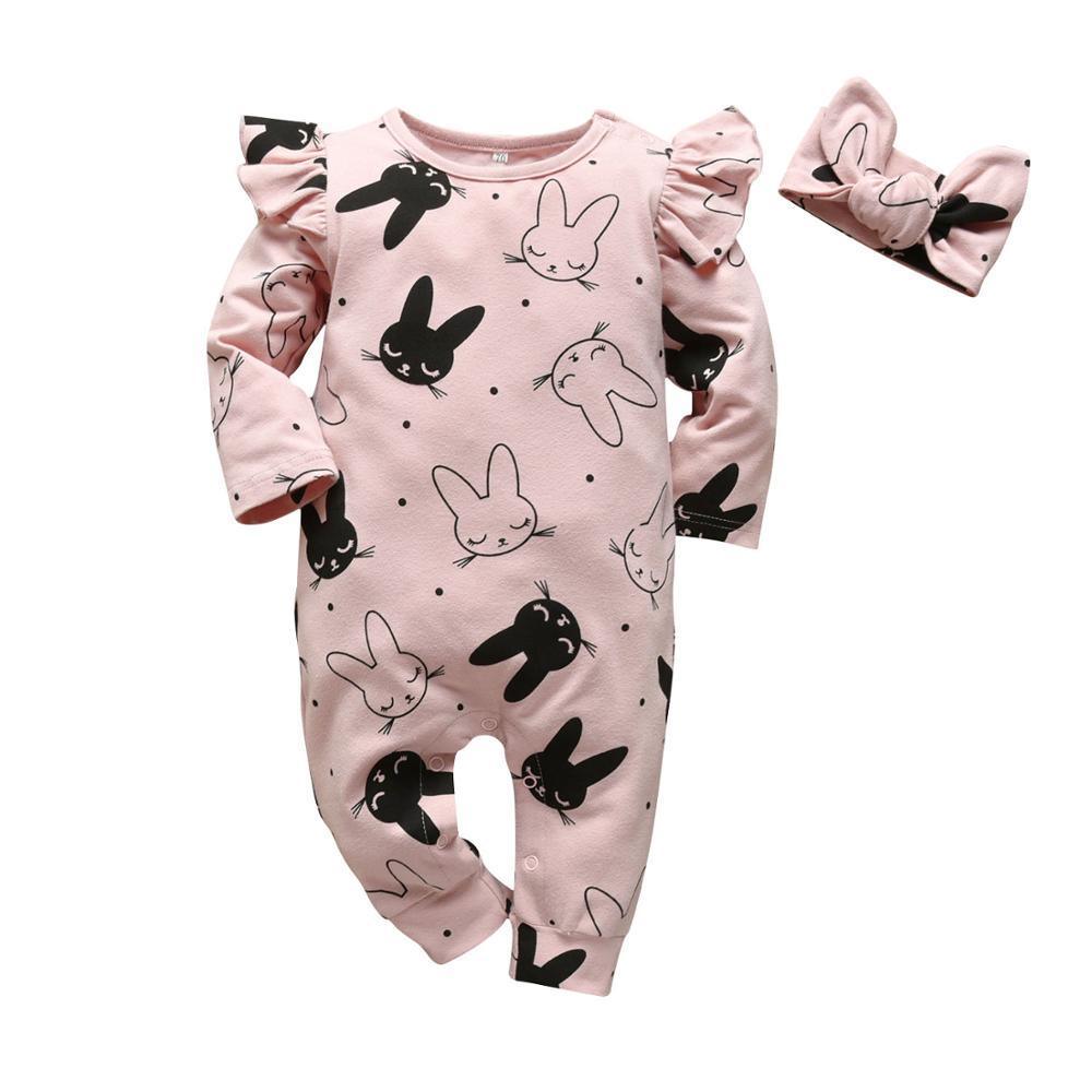 Modern Baby Girls Romper Cartoon Rabbit Pattern Cotton Long Sleeve Jumpsuit+Headband Outfits Set Jumpsuit With Bow
