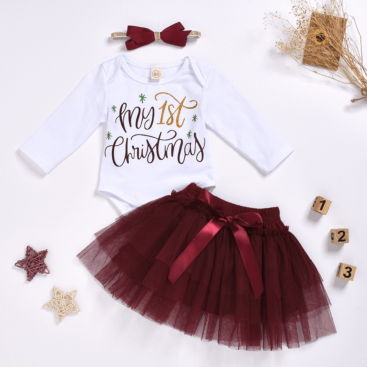 Luxury Newborn Toddler Baby Girl Clothes Set Long Sleeve Romper Christmas Princess Dress Mesh Skirt with Headband Set With Skirt Romper and Ribbon Bow