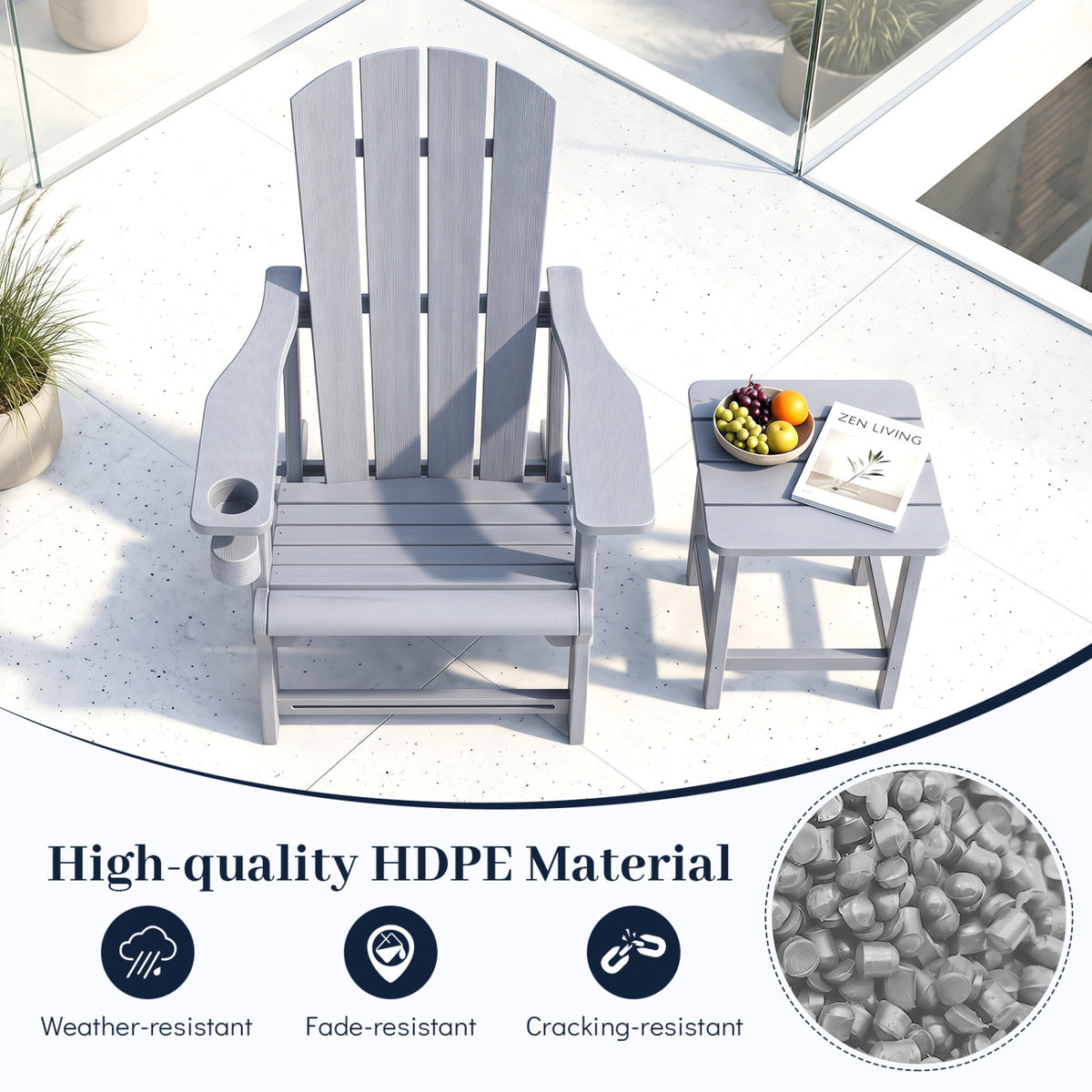 HDPE Adirondack Chairs with Realistic Wood Grain for Backyard Lawn-Gray