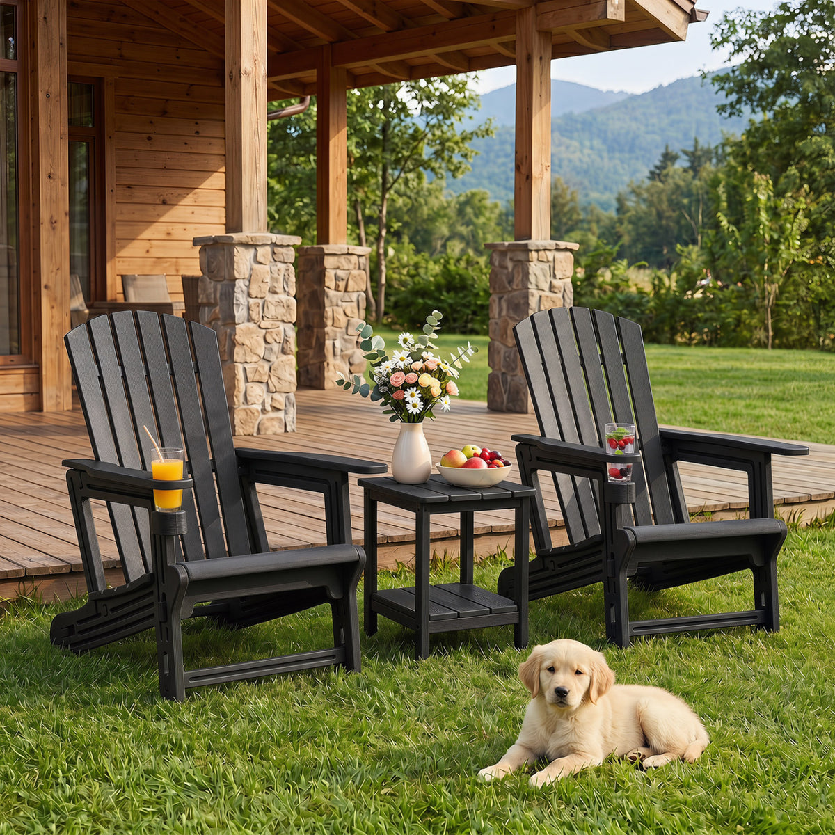 HDPE Adirondack Chair with Cup Holder and Wood-Like Texture High Back for Garden-Black