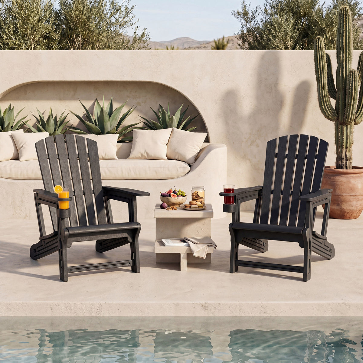 HDPE Adirondack Chair with Cup Holder and Wood-Like Texture High Back for Garden-Black