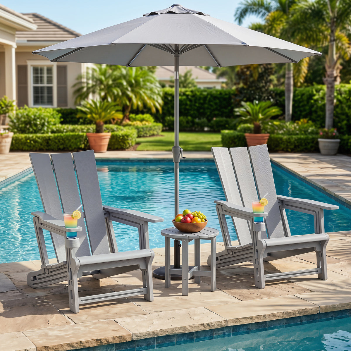 HDPE Outdoor Adirondack Chairs with Cup Holder-Gray