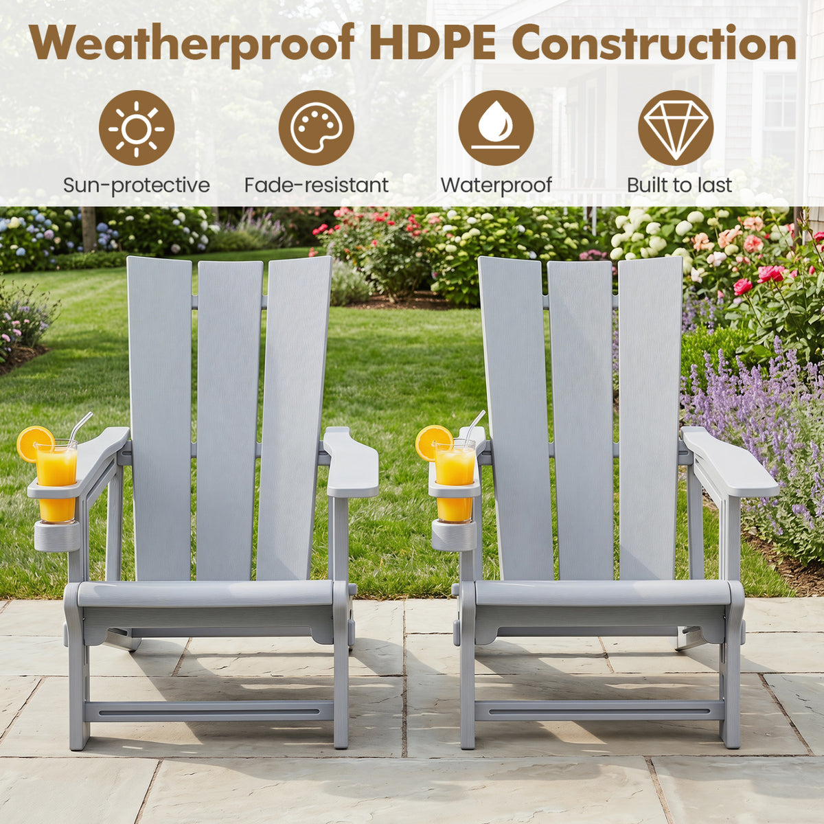 HDPE Outdoor Adirondack Chairs with Cup Holder-Gray