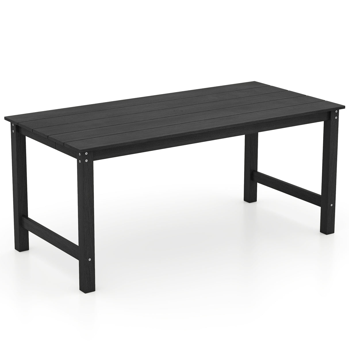 HDPE Outdoor Dining Table for 6 Person with Wood-Like Tabletop and Umbrella Hole-Black