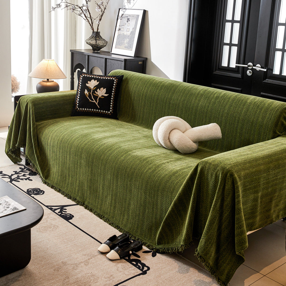 Herringbone Chenille Couch Cover Blanket Soft Durable Throw Sofa Protector with Tassel