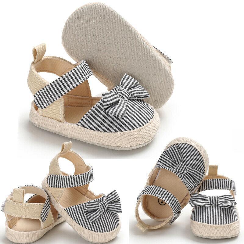 Newborn Infant Baby Summer Shoes Soft Crib Shoes Infants Anti-slip Striped Bowknot Pre Walker Sandals