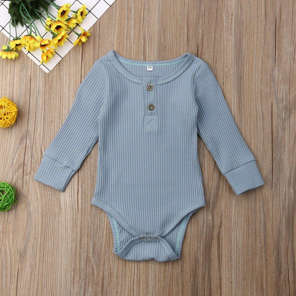 Newborn Infant Baby Girl Boy Ribbed Bodysuit Ruffle Long Sleeve One-Pieces Solid Jumpsuit Outfits For Girls