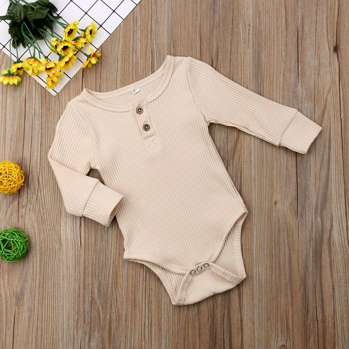 Newborn Infant Baby Girl Boy Ribbed Bodysuit Ruffle Long Sleeve One-Pieces Solid Jumpsuit Outfits For Girls