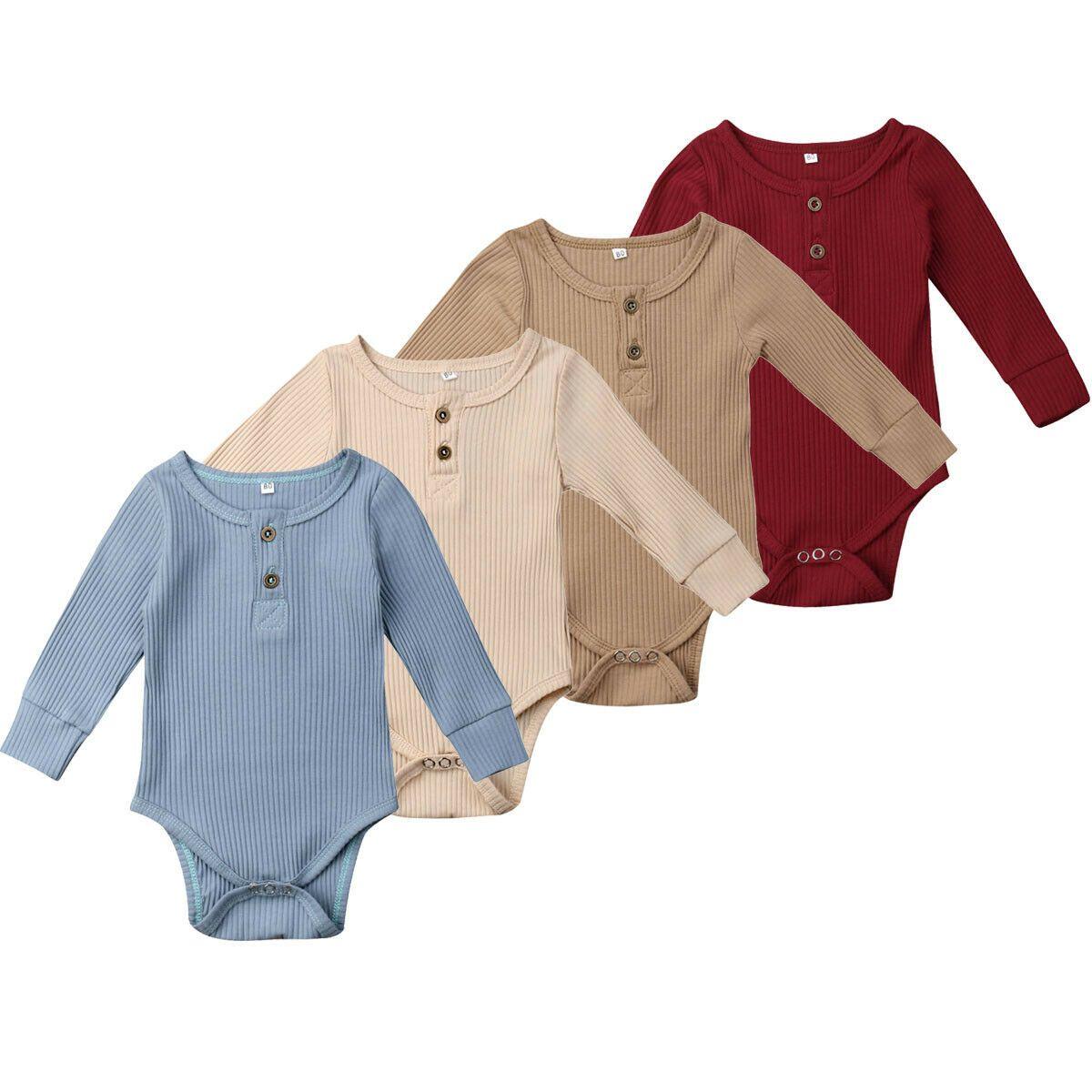 Newborn Infant Baby Girl Boy Ribbed Bodysuit Ruffle Long Sleeve One-Pieces Solid Jumpsuit Outfits For Girls