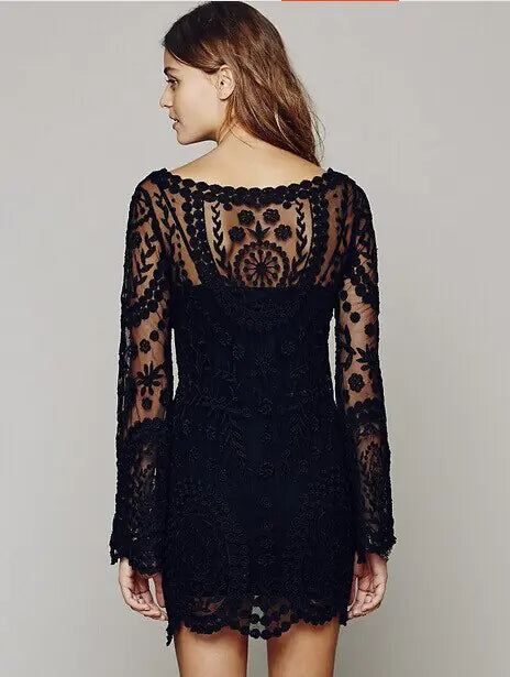 2021 hot sale flower pattern long sleeve loose hook beach dress women's hollow out sexy lace dress elegant sexy lace beach dress