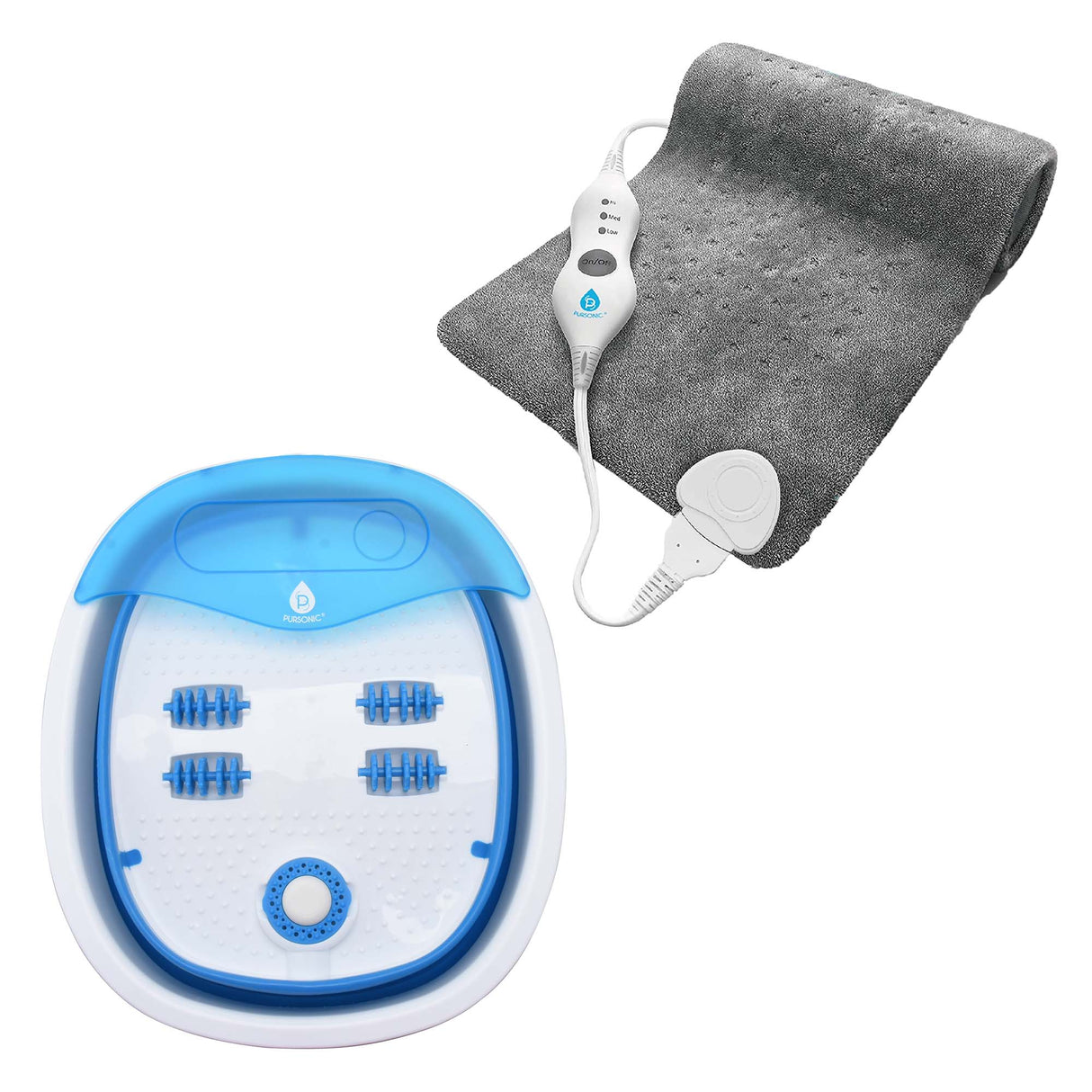 Home Comfort Bundle – Pursonic 3-Setting Electric Heating Pad & Compact, Collapsible Footbath Spa Massager by Pursonic