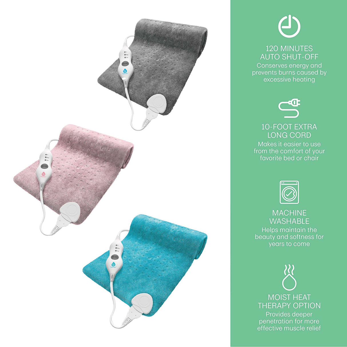 Pursonic Comfort Trio Heating Pad Set – Teal, Pink & Gray by Pursonic