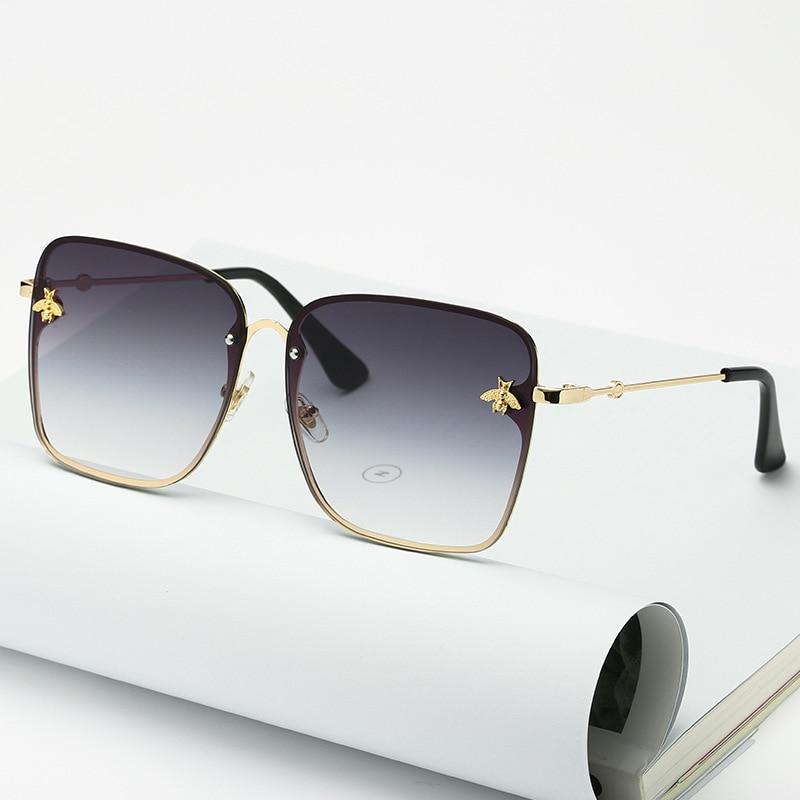 New Fashion Lady Oversize Rimless Square Bee Sunglasses For Women With Small Bee Glasses Design Gradient Sunglasses With UV400
