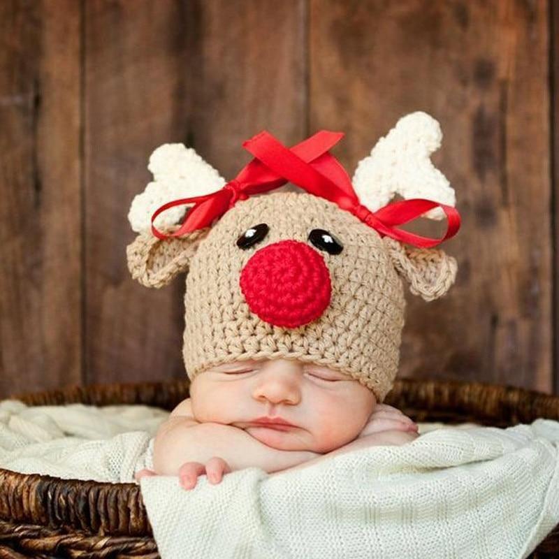 Luxury Handmade Christmas Newborn Infant Baby Boys and Girls Hats Cartoon Crochet Knitted Bowknot Deer Baby Cap For Winter