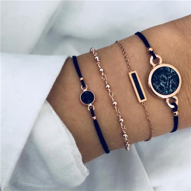 Bohemian Black Beads Chain Bracelets Bangles For Women Fashion Heart Compass Gold Color Bracelets Sets Luxury Jewelry Gifts