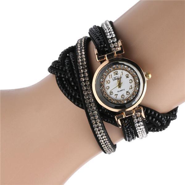 Fashion Casual Gold Quartz Women Rhinestone Watch Braided Leather Bracelet Watch Gift Ladies Wristwatch For Ladies and Women