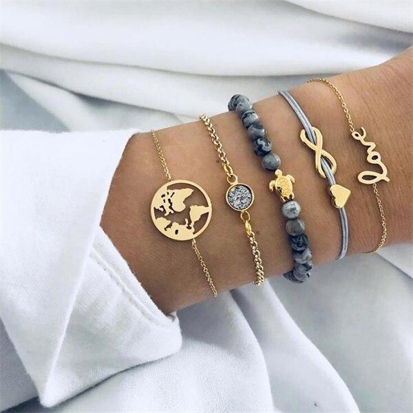 Luxury Modern Gold Crystal Circle Arrow Bracelets Set for Women In Bohemian Pink Opal Adjustable Charm Bracelet Jewelry Style for Women and Ladies