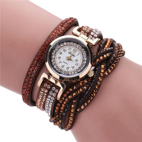 Fashion Casual Gold Quartz Women Rhinestone Watch Braided Leather Bracelet Watch Gift Ladies Wristwatch For Ladies and Women