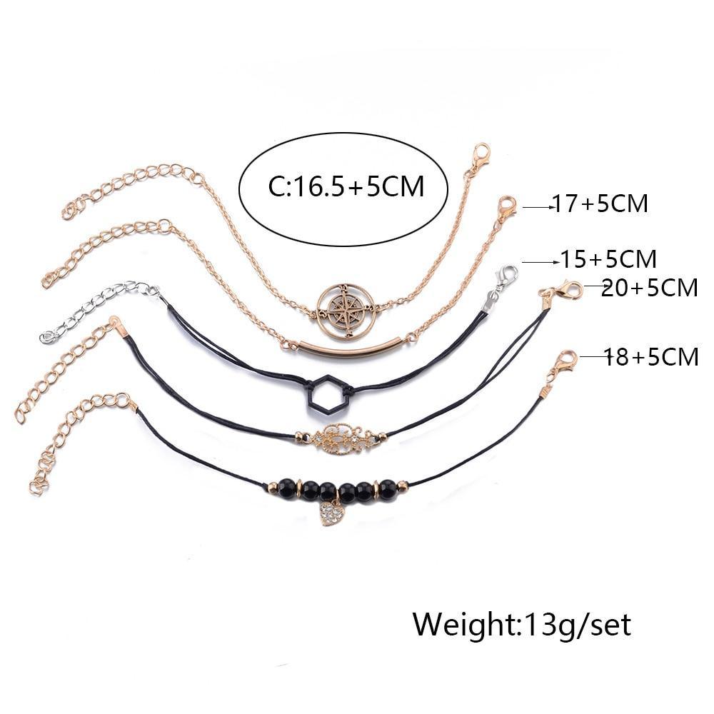 Bohemian Black Beads Chain Bracelets Bangles For Women Fashion Heart Compass Gold Color Bracelets Sets Luxury Jewelry Gifts