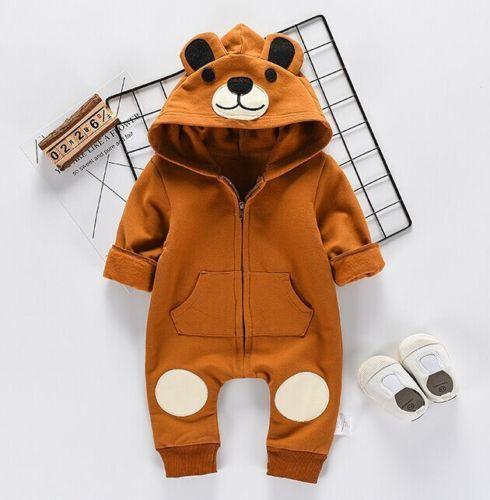 Cute Bear Newborn Infant Baby Boy Girl Kid Ear Hooded Romper Zipper Cartoon Patchwork Jumpsuit For Baby Girls and Boys