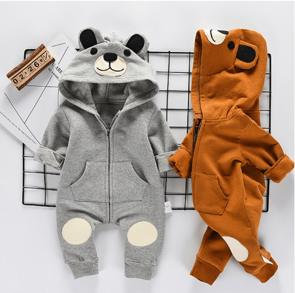 Cute Bear Newborn Infant Baby Boy Girl Kid Ear Hooded Romper Zipper Cartoon Patchwork Jumpsuit For Baby Girls and Boys
