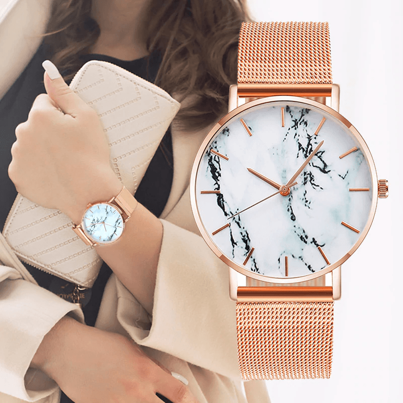 Fashion Rose Gold Mesh Band Creative Marble Female Wrist Watch Luxury Women Quartz Watches Gifts For Women and Girls