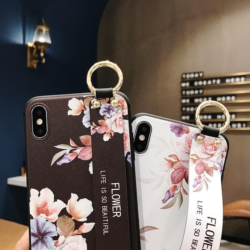 Rose Flowers Wrist Strap Phone Cases For iPhone 13 12 11 14 pro MAX X XR XS MAX 7 8 Plus Cover Hand Band Cases Soft Full Protection Slim Colorful Protective Phone Case For iPhone