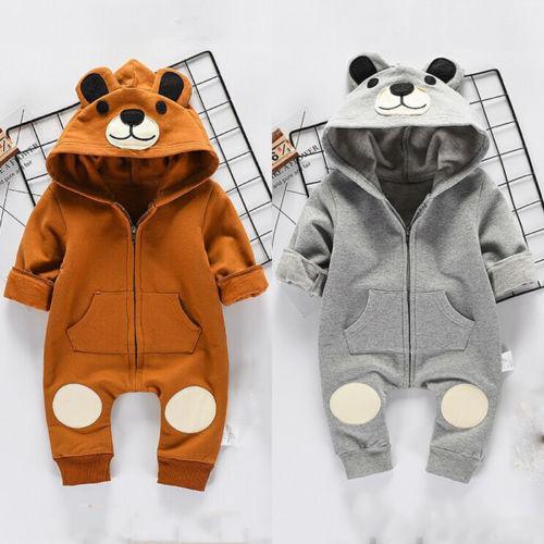 Cute Bear Newborn Infant Baby Boy Girl Kid Ear Hooded Romper Zipper Cartoon Patchwork Jumpsuit For Baby Girls and Boys