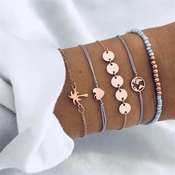Luxury Modern Gold Crystal Circle Arrow Bracelets Set for Women In Bohemian Pink Opal Adjustable Charm Bracelet Jewelry Style for Women and Ladies