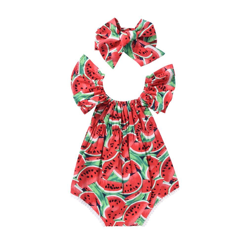 2PCS Newborn Baby Girl Watermelon Summer Cute Bodysuit Jumpsuit Outfit WIth Bow For Girls