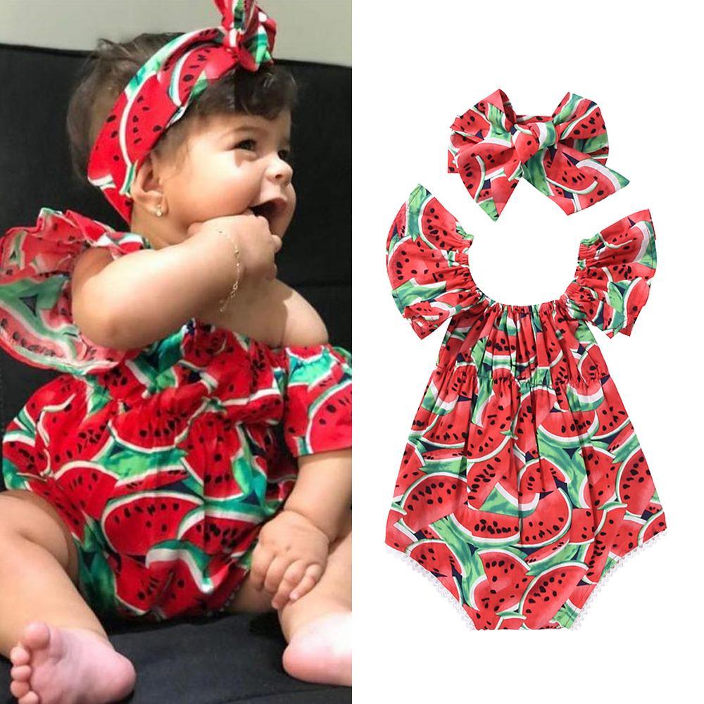 2PCS Newborn Baby Girl Watermelon Summer Cute Bodysuit Jumpsuit Outfit WIth Bow For Girls
