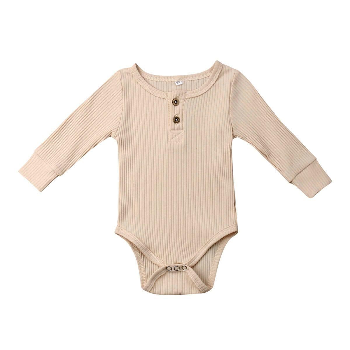 Newborn Infant Baby Girl Boy Ribbed Bodysuit Ruffle Long Sleeve One-Pieces Solid Jumpsuit Outfits For Girls