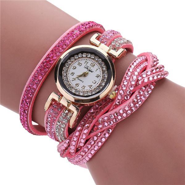 Fashion Casual Gold Quartz Women Rhinestone Watch Braided Leather Bracelet Watch Gift Ladies Wristwatch For Ladies and Women