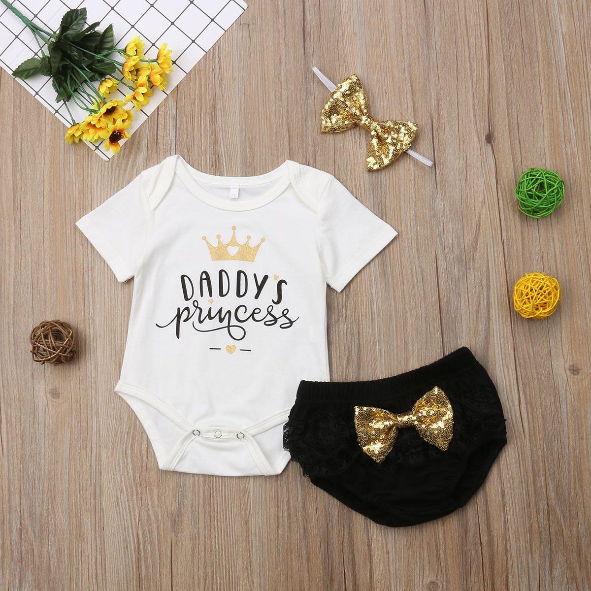 3PCS Cute Newborn Baby Girl Outfits Clothes Tops Bodysuit Shorts Pants Set For Girls WIth Print Dadys Princess