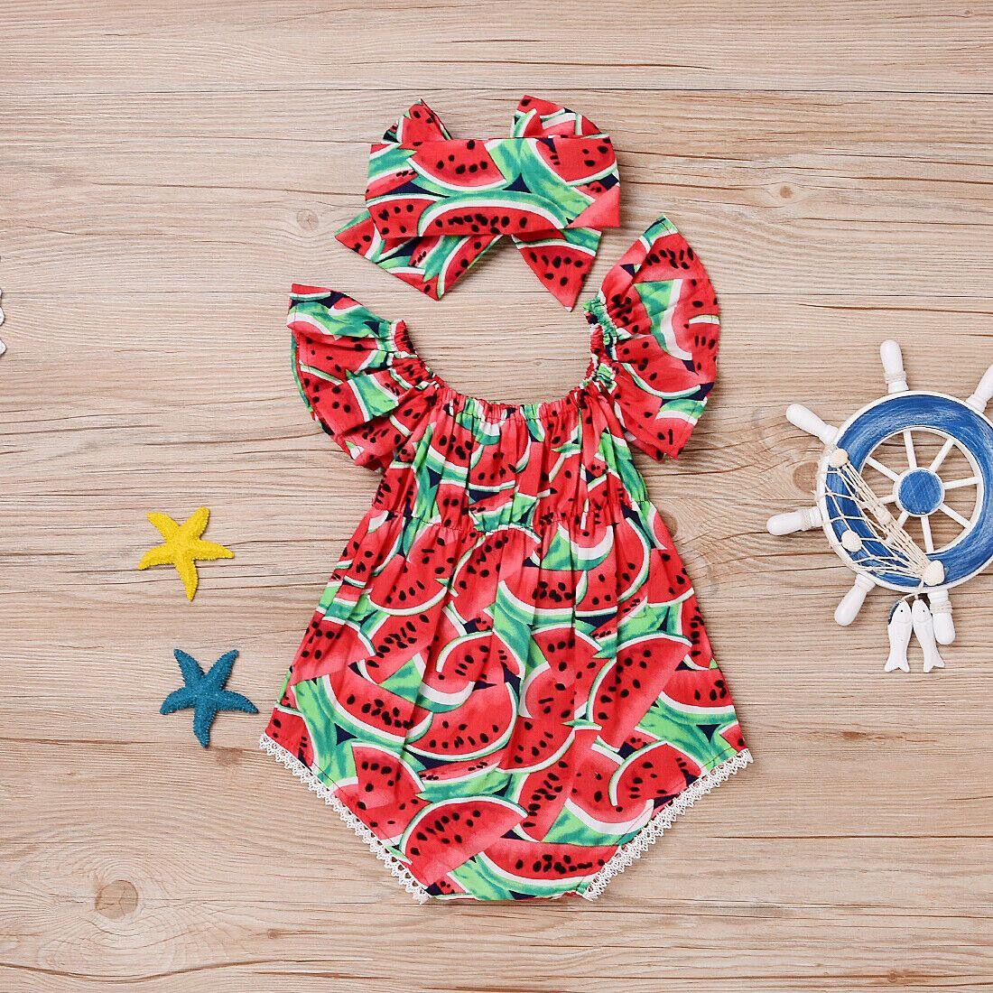 2PCS Newborn Baby Girl Watermelon Summer Cute Bodysuit Jumpsuit Outfit WIth Bow For Girls