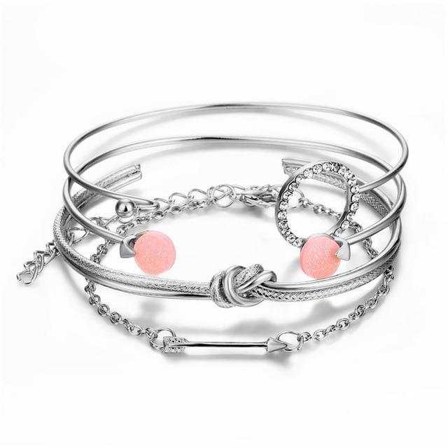 Luxury Modern Gold Crystal Circle Arrow Bracelets Set for Women In Bohemian Pink Opal Adjustable Charm Bracelet Jewelry Style for Women and Ladies