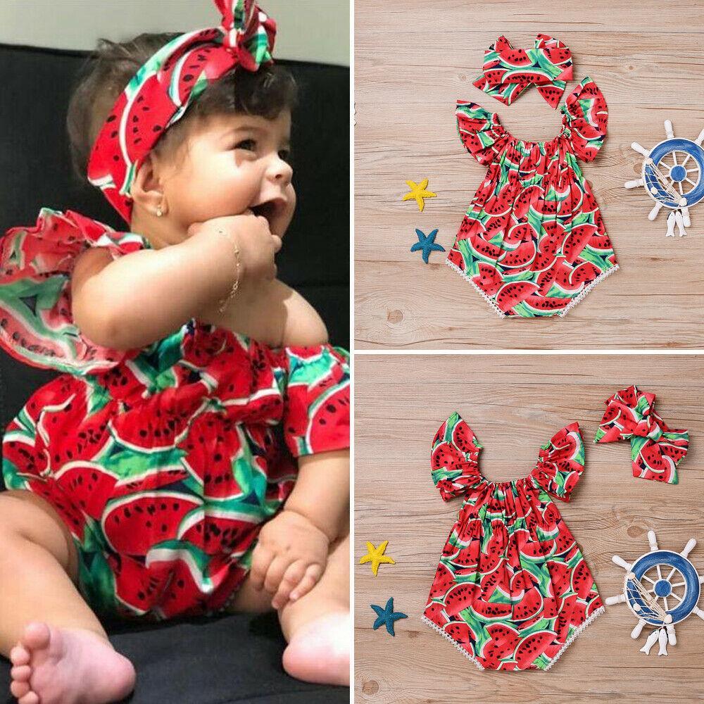 2PCS Newborn Baby Girl Watermelon Summer Cute Bodysuit Jumpsuit Outfit WIth Bow For Girls
