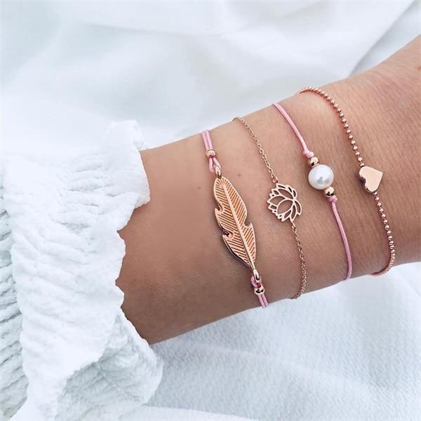 Luxury Modern Gold Crystal Circle Arrow Bracelets Set for Women In Bohemian Pink Opal Adjustable Charm Bracelet Jewelry Style for Women and Ladies