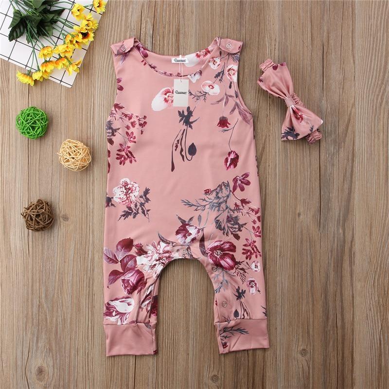 Floral Newborn Baby Girls Sleeve less Printed Rompers Jumpsuit Headband Clothes Sets Outfits For Baby Girls With Bow