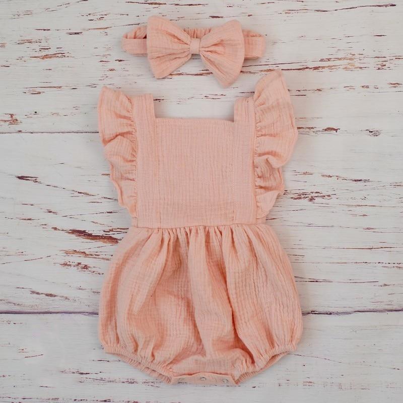 Cotton Baby Girl Double Ruffle Romper Jumpsuit with Headband Playsuit For Newborn With Bow