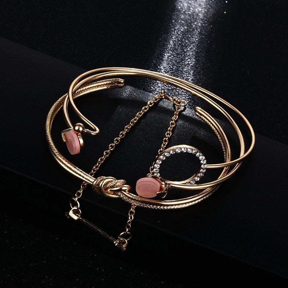 Luxury Modern Gold Crystal Circle Arrow Bracelets Set for Women In Bohemian Pink Opal Adjustable Charm Bracelet Jewelry Style for Women and Ladies