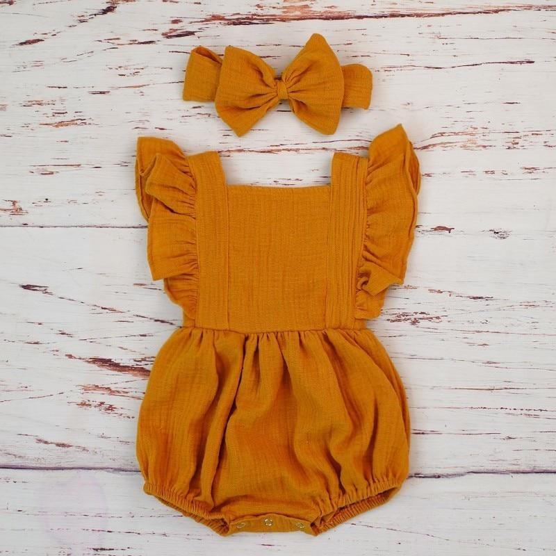 Cotton Baby Girl Double Ruffle Romper Jumpsuit with Headband Playsuit For Newborn With Bow