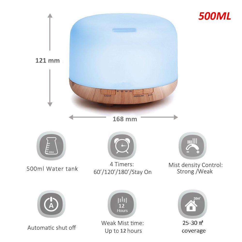 Air Humidifier Essential oil diffuser 300ML 500ML Ultrasonic Cool Mist Maker Fogger Humidifier LED Lamp Aroma Diffuser Electric Aromatherapy Diffuser umidifier Aroma Essential Oil Diffuser with 4 Timers 2 Misting Modes Waterless Auto Off