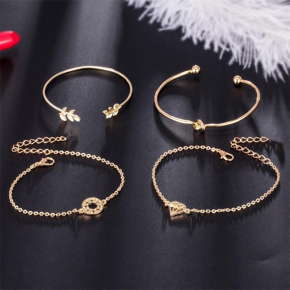 Fashion Bohemia Leaf Round Knot Cuff Bangle Gold Chain Charm Bracelet for Women Simple Geometric Bracelets Luxury Jewelry