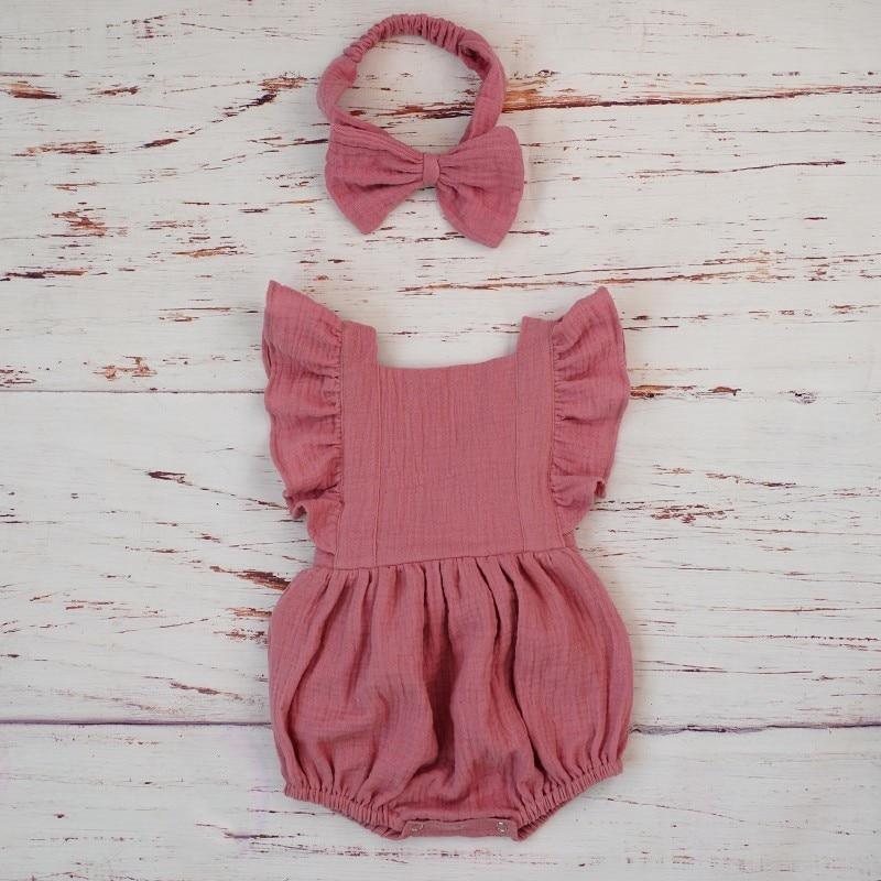 Cotton Baby Girl Double Ruffle Romper Jumpsuit with Headband Playsuit For Newborn With Bow